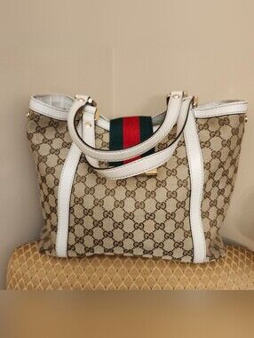 Gucci Beige GG Canvas Tote with White Trim and Green-Red Web Stripe